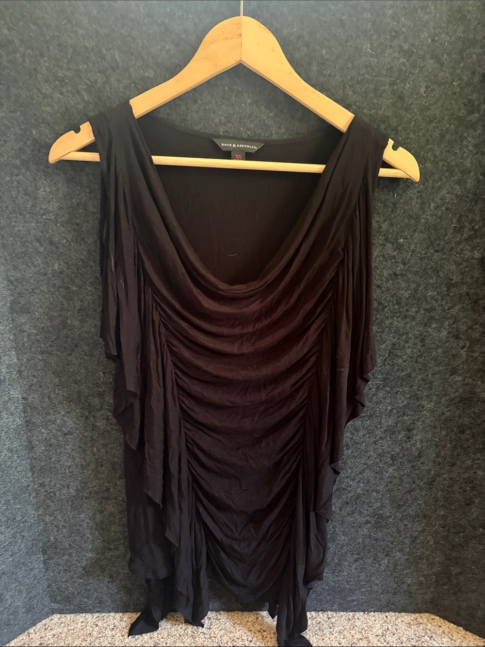 Rock & Republic Black Draped Ruched Tunic Top